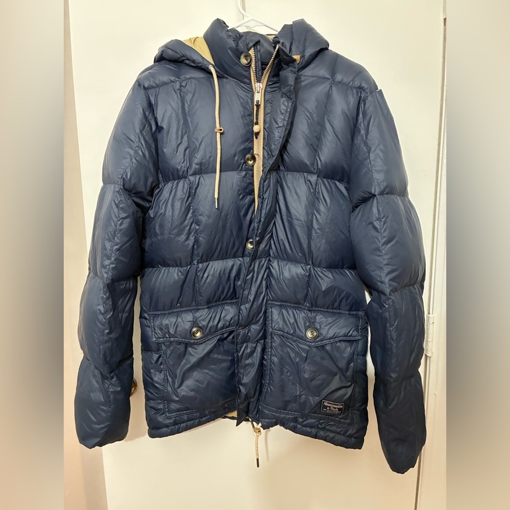 Abercrombie & Fitch Navy Puffer Down Jacket with Hood Size L